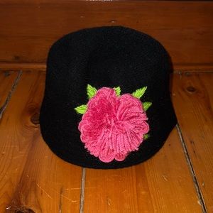 Black Wool Bucket Hat with Yarn Flower Detail